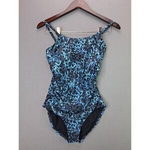 Speedo One Piece Swimsuit Ruched Abstract Blue Black 8 Shelf Bra Athletic Swim